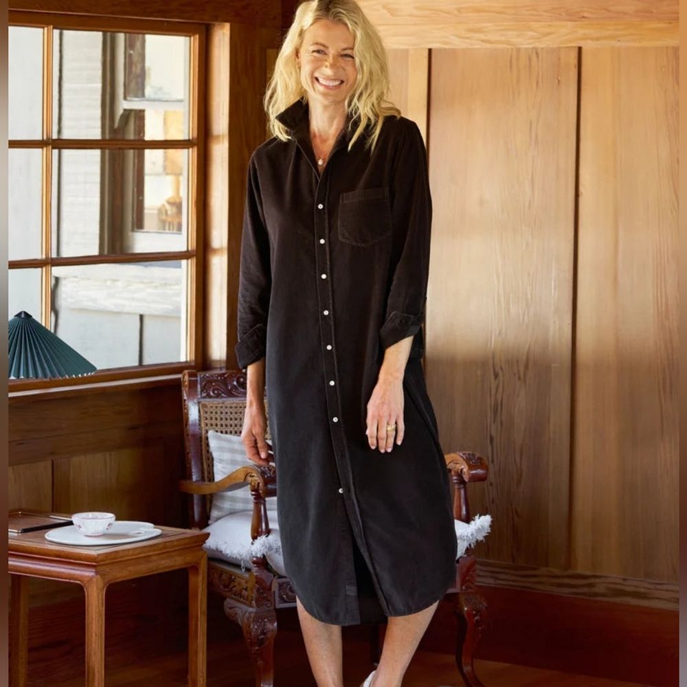 Frank & Eileen Rory Chocolate Brown Italian Corduroy Collared Maxi Shirt Dress M